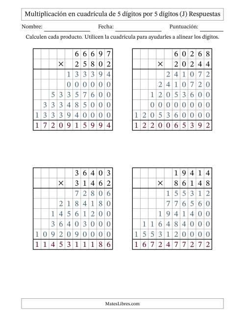 La hoja de ejercicios de Multiplicación con apoyo de cuadrícula de 5 dígitos por 5 dígitos (J) Página 2