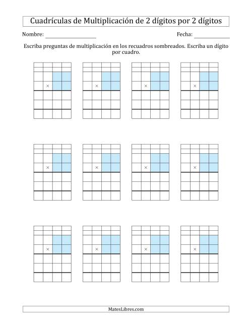 La hoja de ejercicios de Cuadrículas en Blanco para Multiplicar Números de 2 Dígitos por 2 Dígitos (A)