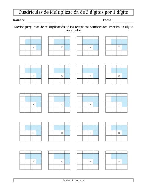La hoja de ejercicios de Cuadrículas en Blanco para Multiplicar Números de 3 Dígitos por 1 Dígito (A)