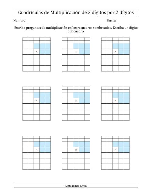 La hoja de ejercicios de Cuadrículas en Blanco para Multiplicar Números de 3 Dígitos por 2 Dígitos (A)