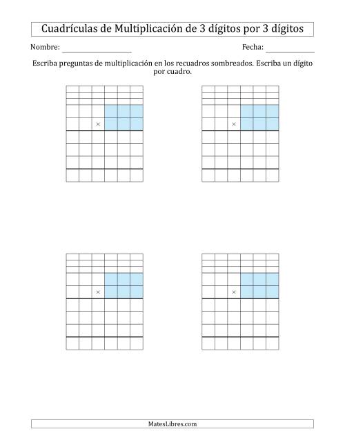 La hoja de ejercicios de Cuadrículas en Blanco para Multiplicar Números de 3 Dígitos por 3 Dígitos (A)