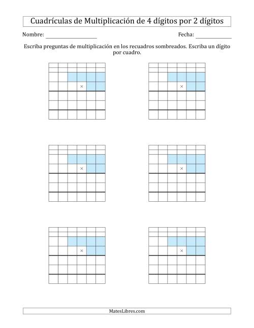 La hoja de ejercicios de Cuadrículas en Blanco para Multiplicar Números de 4 Dígitos por 2 Dígitos (A)