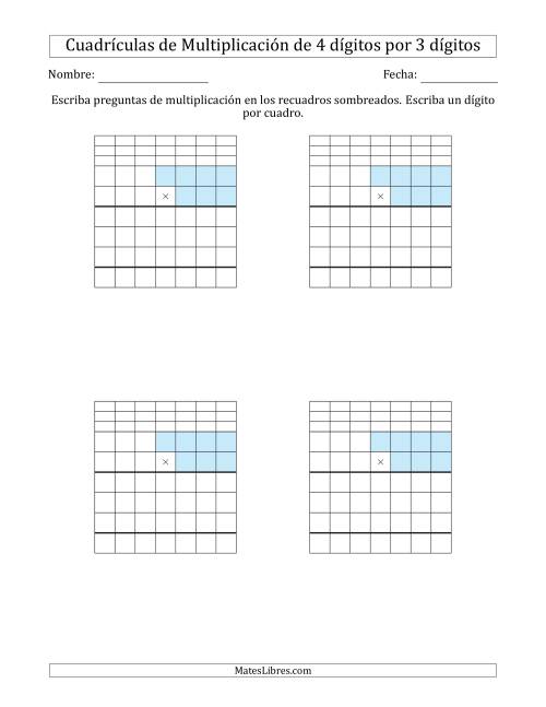 La hoja de ejercicios de Cuadrículas en Blanco para Multiplicar Números de 4 Dígitos por 3 Dígitos (A)