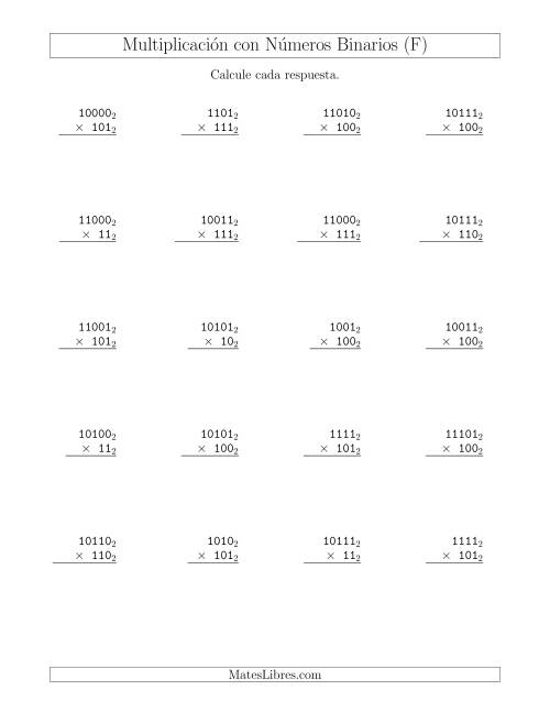 La hoja de ejercicios de Multiplicación con Números Binarios (Base 2) (F)