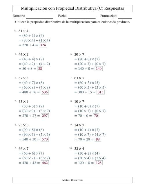 La hoja de ejercicios de Multiplicar números de 2 dígitos por números de 1 dígitos utilizando la propiedad distributiva (C) Página 2