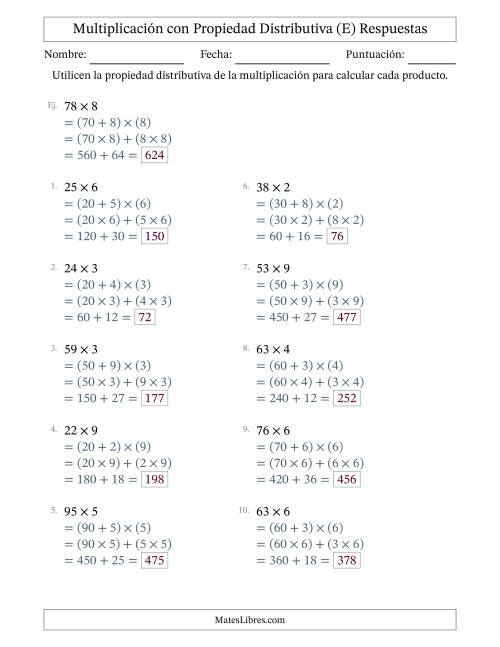 La hoja de ejercicios de Multiplicar números de 2 dígitos por números de 1 dígitos utilizando la propiedad distributiva (E) Página 2