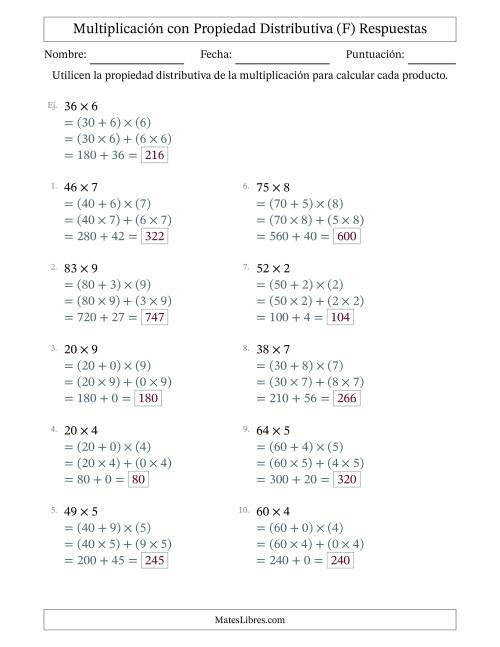 La hoja de ejercicios de Multiplicar números de 2 dígitos por números de 1 dígitos utilizando la propiedad distributiva (F) Página 2