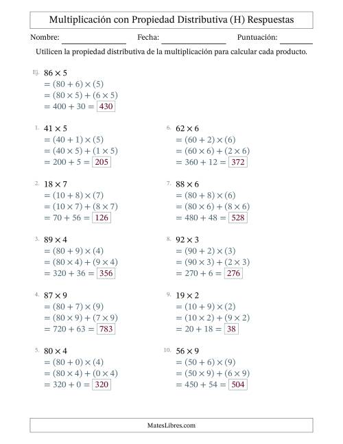 La hoja de ejercicios de Multiplicar números de 2 dígitos por números de 1 dígitos utilizando la propiedad distributiva (H) Página 2