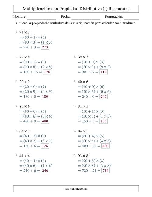 La hoja de ejercicios de Multiplicar números de 2 dígitos por números de 1 dígitos utilizando la propiedad distributiva (I) Página 2