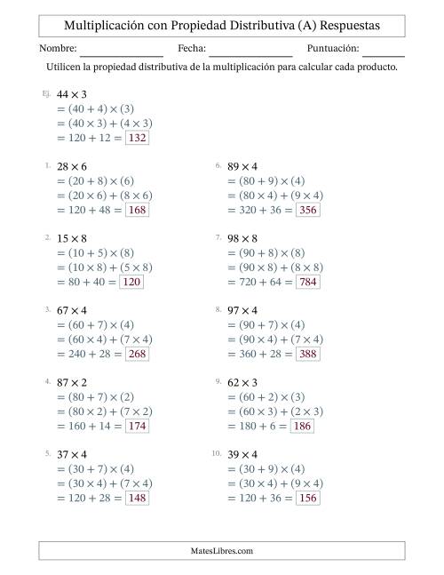 La hoja de ejercicios de Multiplicar números de 2 dígitos por números de 1 dígitos utilizando la propiedad distributiva (Todas) Página 2