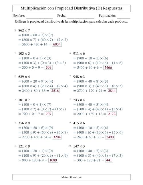 La hoja de ejercicios de Multiplicar números de 3 dígitos por números de 1 dígitos utilizando la propiedad distributiva (D) Página 2