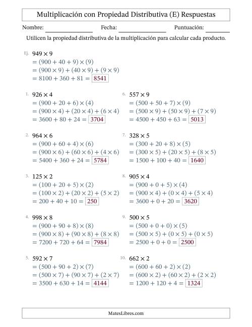 La hoja de ejercicios de Multiplicar números de 3 dígitos por números de 1 dígitos utilizando la propiedad distributiva (E) Página 2