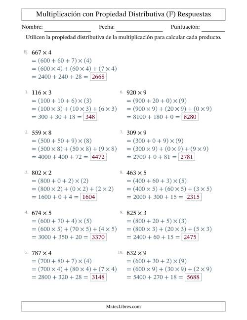 La hoja de ejercicios de Multiplicar números de 3 dígitos por números de 1 dígitos utilizando la propiedad distributiva (F) Página 2