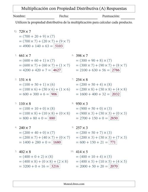 La hoja de ejercicios de Multiplicar números de 3 dígitos por números de 1 dígitos utilizando la propiedad distributiva (Todas) Página 2