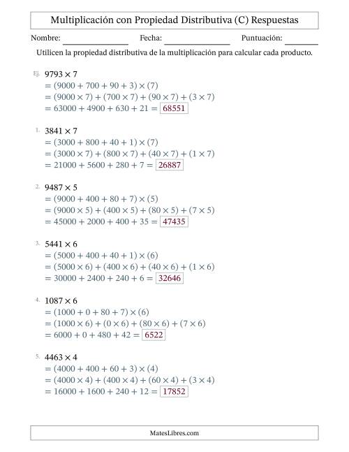 La hoja de ejercicios de Multiplicar números de 4 dígitos por números de 1 dígitos utilizando la propiedad distributiva (C) Página 2