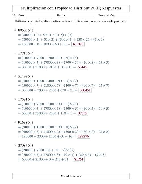 La hoja de ejercicios de Multiplicar números de 5 dígitos por números de 1 dígitos utilizando la propiedad distributiva (B) Página 2