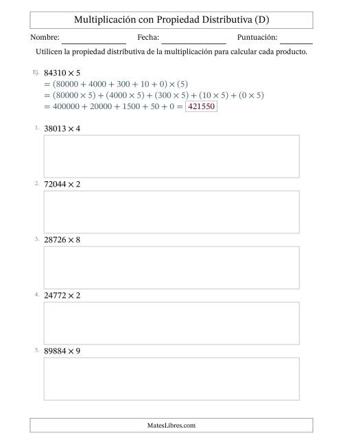 La hoja de ejercicios de Multiplicar números de 5 dígitos por números de 1 dígitos utilizando la propiedad distributiva (D)