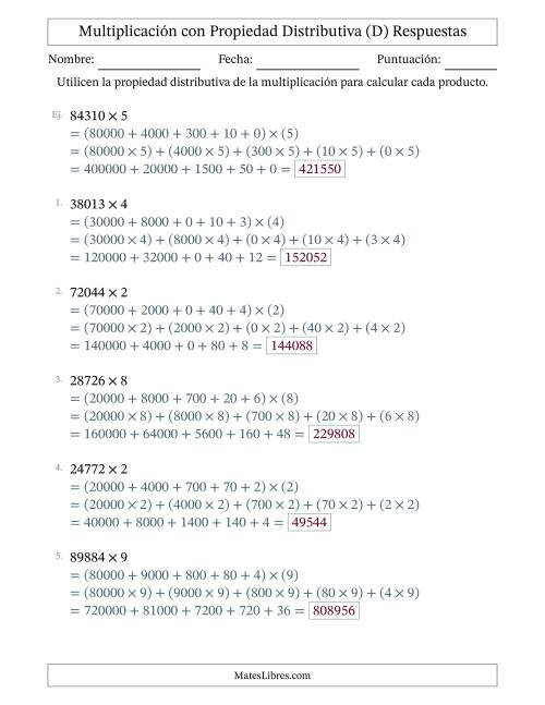 La hoja de ejercicios de Multiplicar números de 5 dígitos por números de 1 dígitos utilizando la propiedad distributiva (D) Página 2