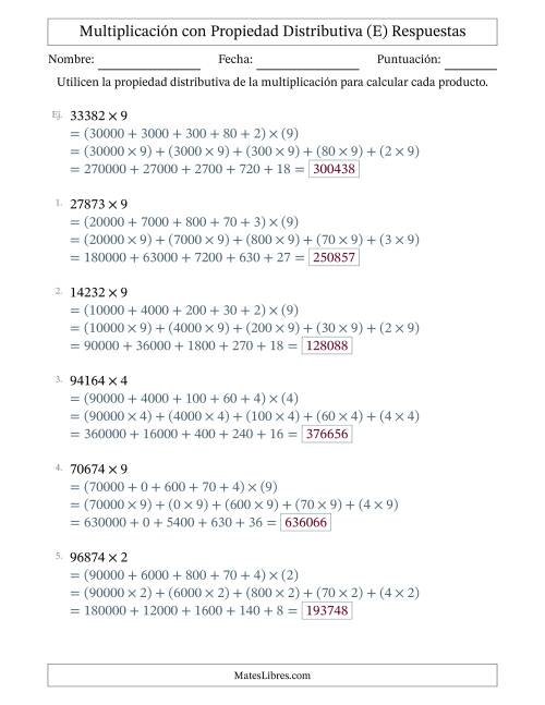 La hoja de ejercicios de Multiplicar números de 5 dígitos por números de 1 dígitos utilizando la propiedad distributiva (E) Página 2