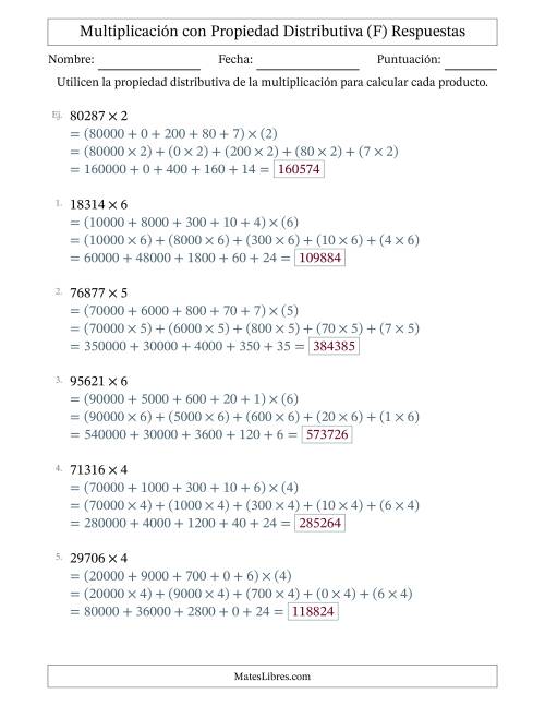 La hoja de ejercicios de Multiplicar números de 5 dígitos por números de 1 dígitos utilizando la propiedad distributiva (F) Página 2