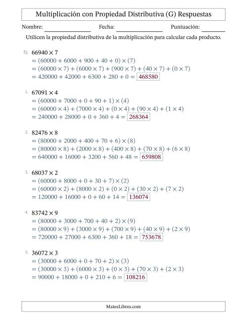 La hoja de ejercicios de Multiplicar números de 5 dígitos por números de 1 dígitos utilizando la propiedad distributiva (G) Página 2