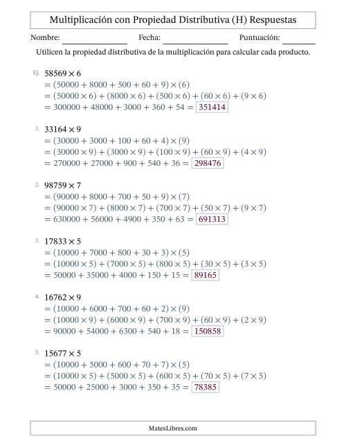 La hoja de ejercicios de Multiplicar números de 5 dígitos por números de 1 dígitos utilizando la propiedad distributiva (H) Página 2
