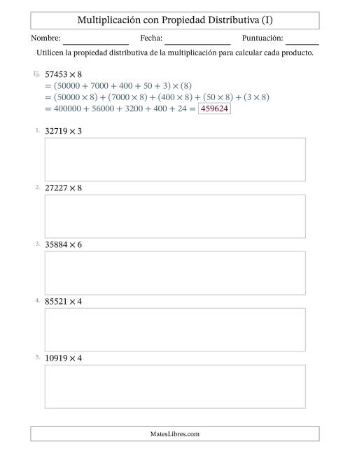 La hoja de ejercicios de Multiplicar números de 5 dígitos por números de 1 dígitos utilizando la propiedad distributiva (I)
