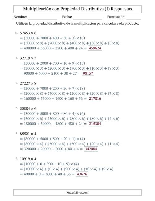 La hoja de ejercicios de Multiplicar números de 5 dígitos por números de 1 dígitos utilizando la propiedad distributiva (I) Página 2