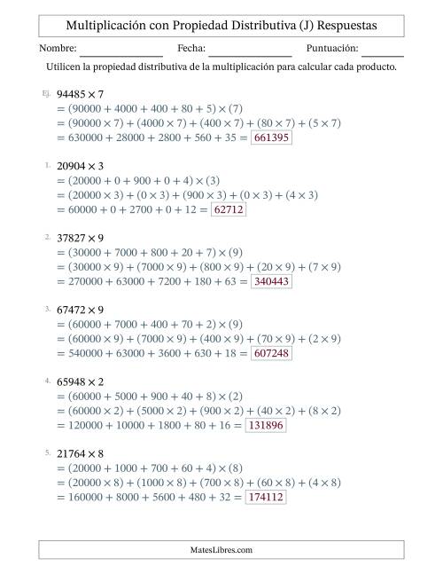 La hoja de ejercicios de Multiplicar números de 5 dígitos por números de 1 dígitos utilizando la propiedad distributiva (J) Página 2