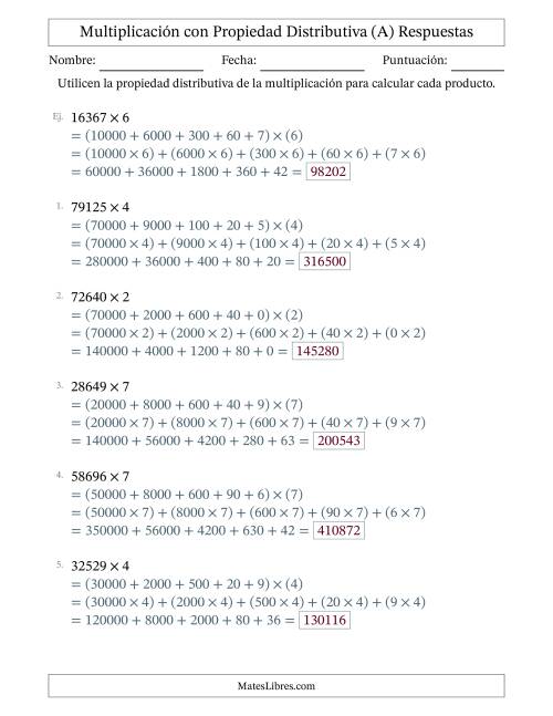 La hoja de ejercicios de Multiplicar números de 5 dígitos por números de 1 dígitos utilizando la propiedad distributiva (Todas) Página 2
