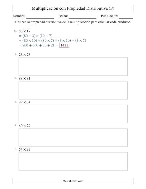 La hoja de ejercicios de Multiplicar números de 2 dígitos por números de 2 dígitos utilizando la propiedad distributiva (F)