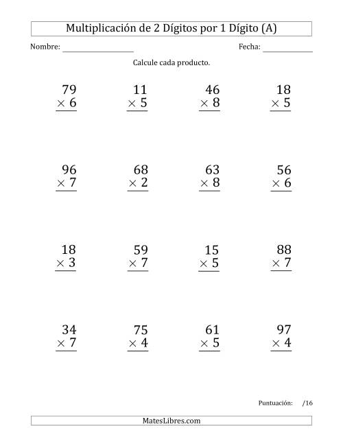 La hoja de ejercicios de Multiplicar Números de 2 Dígitos por 1 Dígito (Formato Grande) Usando Comas como Separadores de Millares (A)