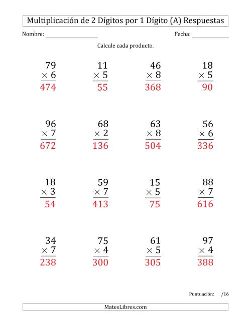 La hoja de ejercicios de Multiplicar Números de 2 Dígitos por 1 Dígito (Formato Grande) Usando Comas como Separadores de Millares (A) Página 2