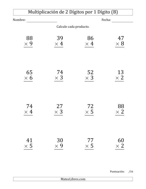 La hoja de ejercicios de Multiplicar Números de 2 Dígitos por 1 Dígito (Formato Grande) Usando Comas como Separadores de Millares (B)