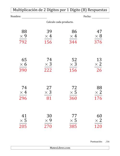 La hoja de ejercicios de Multiplicar Números de 2 Dígitos por 1 Dígito (Formato Grande) Usando Comas como Separadores de Millares (B) Página 2