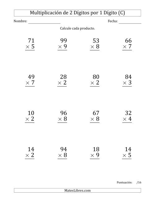 La hoja de ejercicios de Multiplicar Números de 2 Dígitos por 1 Dígito (Formato Grande) Usando Comas como Separadores de Millares (C)