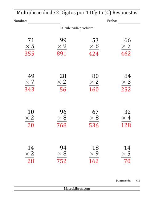 La hoja de ejercicios de Multiplicar Números de 2 Dígitos por 1 Dígito (Formato Grande) Usando Comas como Separadores de Millares (C) Página 2