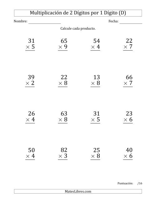 La hoja de ejercicios de Multiplicar Números de 2 Dígitos por 1 Dígito (Formato Grande) Usando Comas como Separadores de Millares (D)