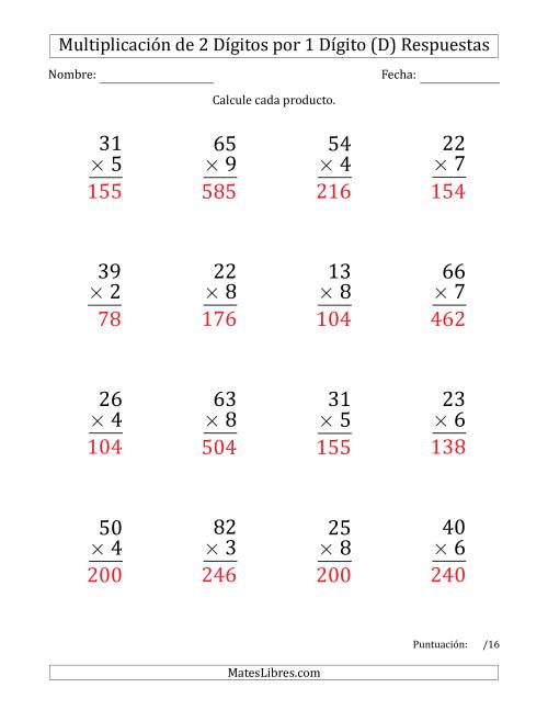La hoja de ejercicios de Multiplicar Números de 2 Dígitos por 1 Dígito (Formato Grande) Usando Comas como Separadores de Millares (D) Página 2