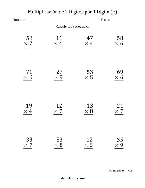 La hoja de ejercicios de Multiplicar Números de 2 Dígitos por 1 Dígito (Formato Grande) Usando Comas como Separadores de Millares (E)