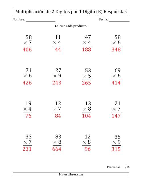 La hoja de ejercicios de Multiplicar Números de 2 Dígitos por 1 Dígito (Formato Grande) Usando Comas como Separadores de Millares (E) Página 2