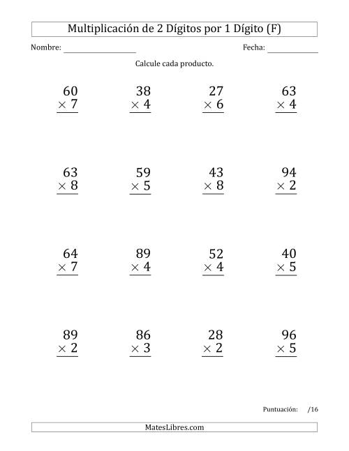 La hoja de ejercicios de Multiplicar Números de 2 Dígitos por 1 Dígito (Formato Grande) Usando Comas como Separadores de Millares (F)