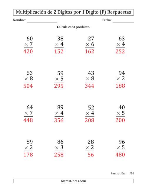 La hoja de ejercicios de Multiplicar Números de 2 Dígitos por 1 Dígito (Formato Grande) Usando Comas como Separadores de Millares (F) Página 2