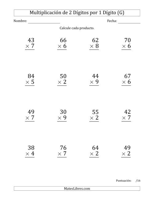 La hoja de ejercicios de Multiplicar Números de 2 Dígitos por 1 Dígito (Formato Grande) Usando Comas como Separadores de Millares (G)