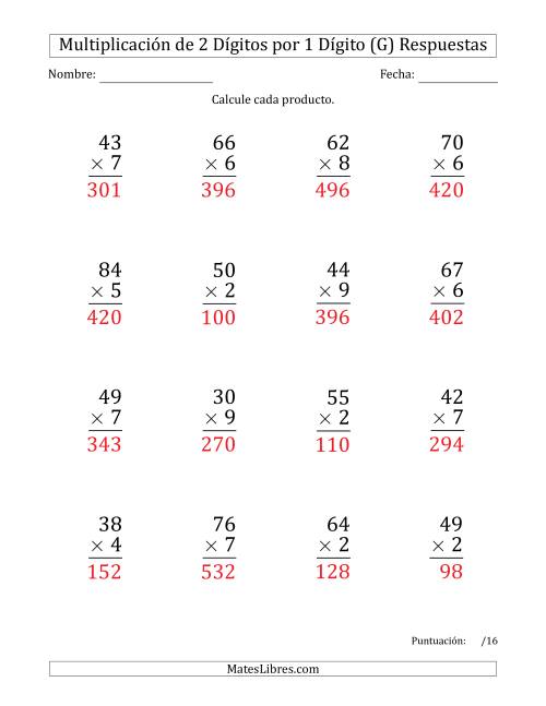La hoja de ejercicios de Multiplicar Números de 2 Dígitos por 1 Dígito (Formato Grande) Usando Comas como Separadores de Millares (G) Página 2