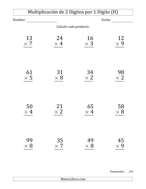 La hoja de ejercicios de Multiplicar Números de 2 Dígitos por 1 Dígito (Formato Grande) Usando Comas como Separadores de Millares (H)