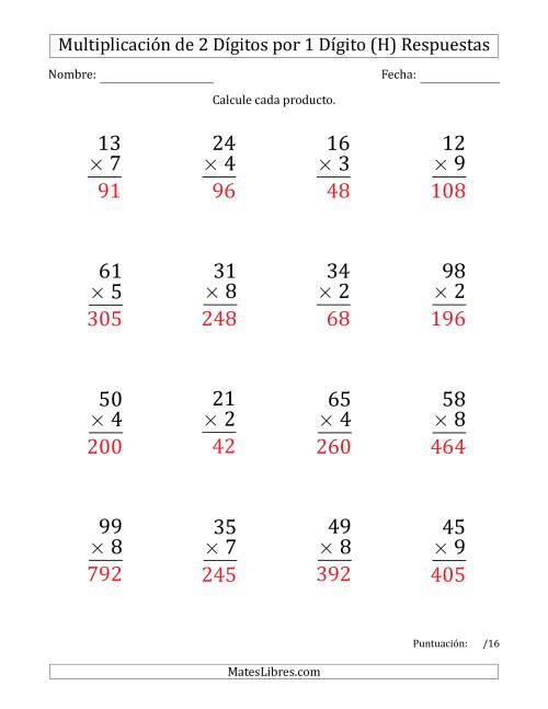 La hoja de ejercicios de Multiplicar Números de 2 Dígitos por 1 Dígito (Formato Grande) Usando Comas como Separadores de Millares (H) Página 2