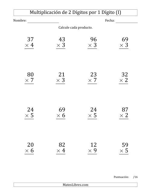 La hoja de ejercicios de Multiplicar Números de 2 Dígitos por 1 Dígito (Formato Grande) Usando Comas como Separadores de Millares (I)