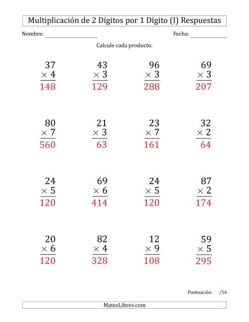 La hoja de ejercicios de Multiplicar Números de 2 Dígitos por 1 Dígito (Formato Grande) Usando Comas como Separadores de Millares (I) Página 2