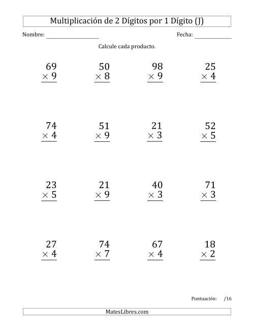 La hoja de ejercicios de Multiplicar Números de 2 Dígitos por 1 Dígito (Formato Grande) Usando Comas como Separadores de Millares (J)